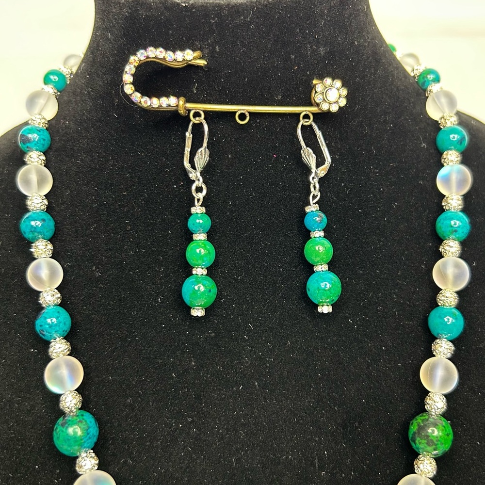 Chrysocolla Gemstone & Crystal Moonstone Beaded Jewelry Set - Picture 5 of 9